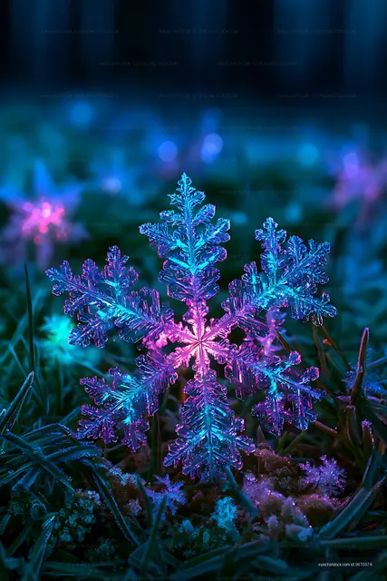 Vivid blue and pink snowflakes against a dark background