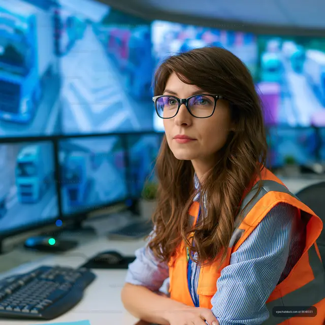 Woman wearing reflective vest beside computer monitors
