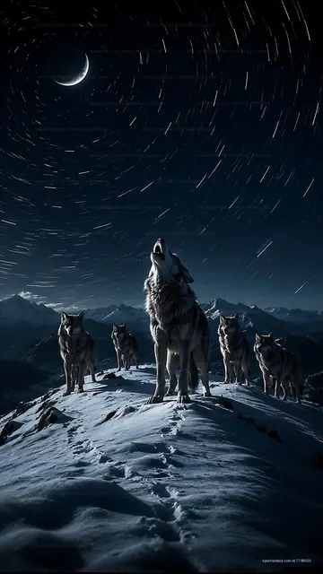 Wolves howling at the moon on a snowy mountain at night