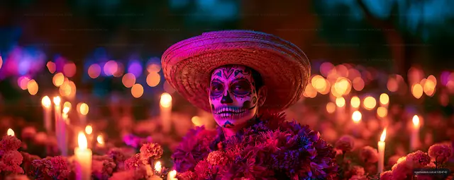 Vibrant portrait with sugar skull makeup and candlelit flowers