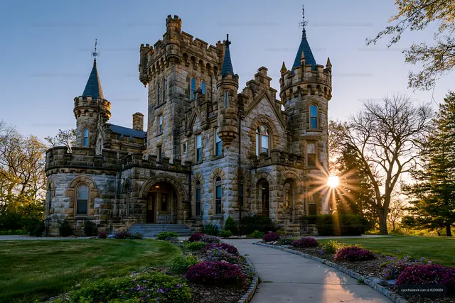 Gothic Revival mansion surrounded by gardens and trees