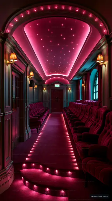 Pink neon lighting in an ornate empty theater auditorium