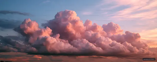 Towering pink clouds across a glowing evening sky