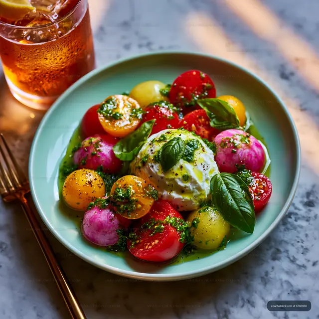 Colorful salad with burrata on a green plate