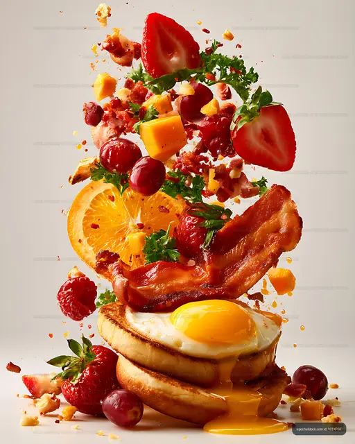 Dramatic breakfast sandwich with egg, bacon, fruit and greens
