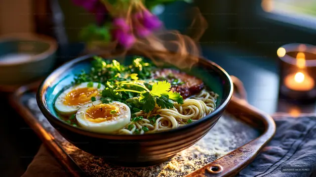 Ramen noodles with egg and herbs in a steaming bowl