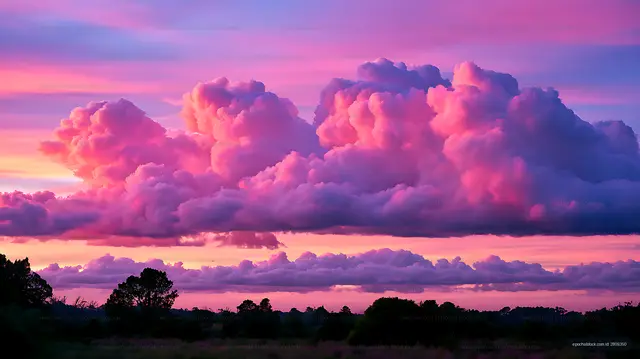 Pink and purple sunset clouds over a silhouetted landscape