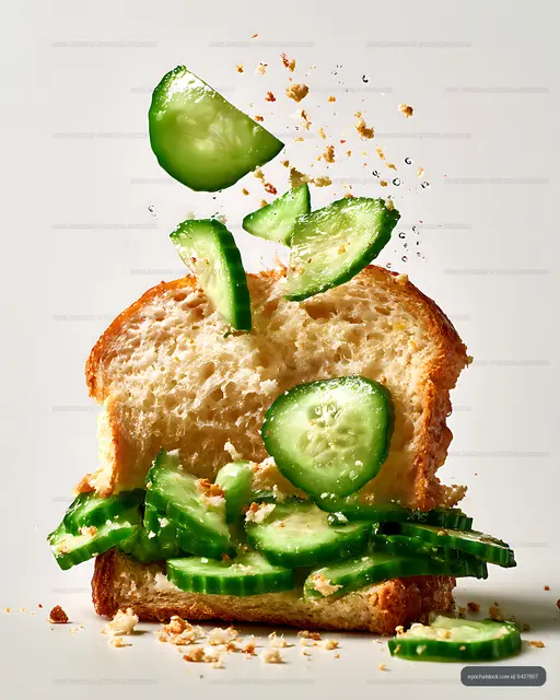 Cucumber sandwich with dynamic flying pieces