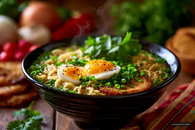 Steaming ramen bowl with egg, greens, and scallions