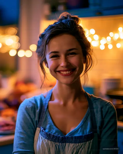 Woman smiling in kitchen with warm lights during evening