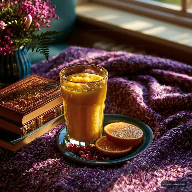 Sunlit glass of orange juice with oranges and pomegranate seeds
