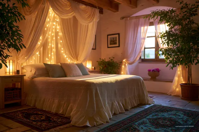 Elegant cozy bedroom illuminated by soft string lights