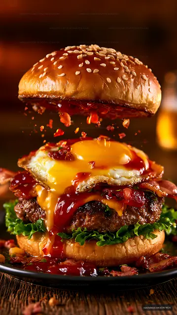 Close-up gourmet burger with sesame bun and runny egg