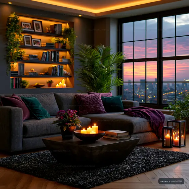 Elegant cozy living room with sunset skyline