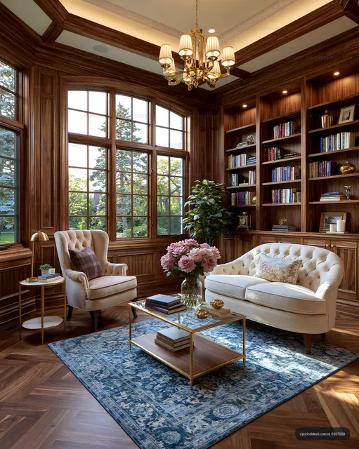 Luxurious home library lounge with classic wood interior