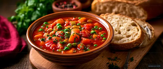 Hearty vegetable stew with bread on a rustic table