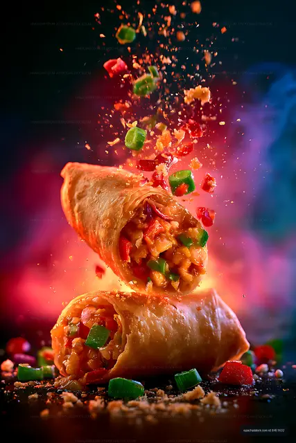 Two vegetable wraps surrounded by suspended ingredients