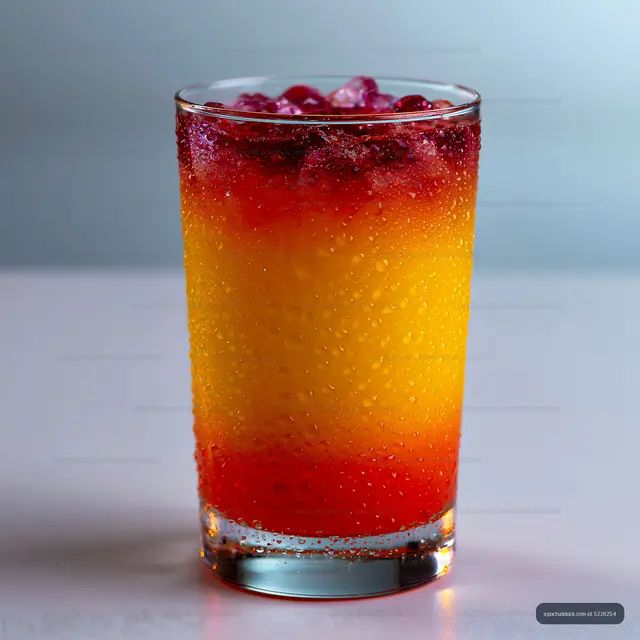 Vibrant red and orange layered drink in glass