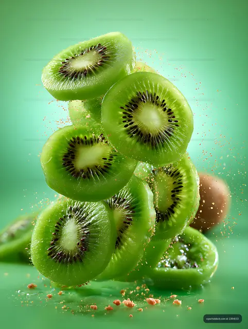 Close-up kiwi slices with seeds and scattered crumbs