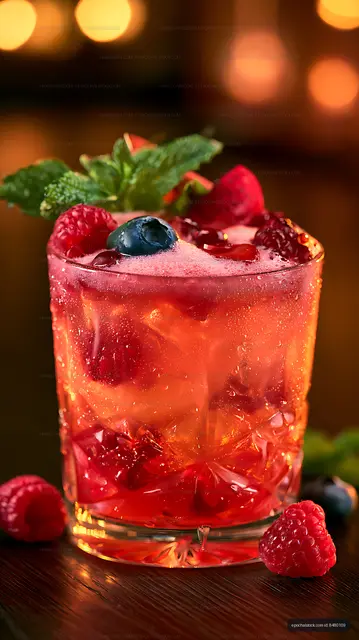 Colorful berry beverage in glass with mint and warm lights