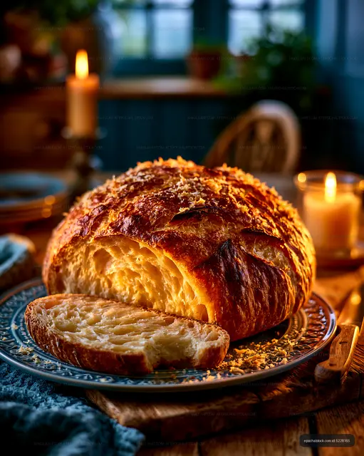 Crusty artisan bread loaf with sliced piece on rustic table