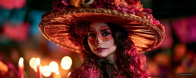 Close-up portrait of woman with skull face paint and floral hat