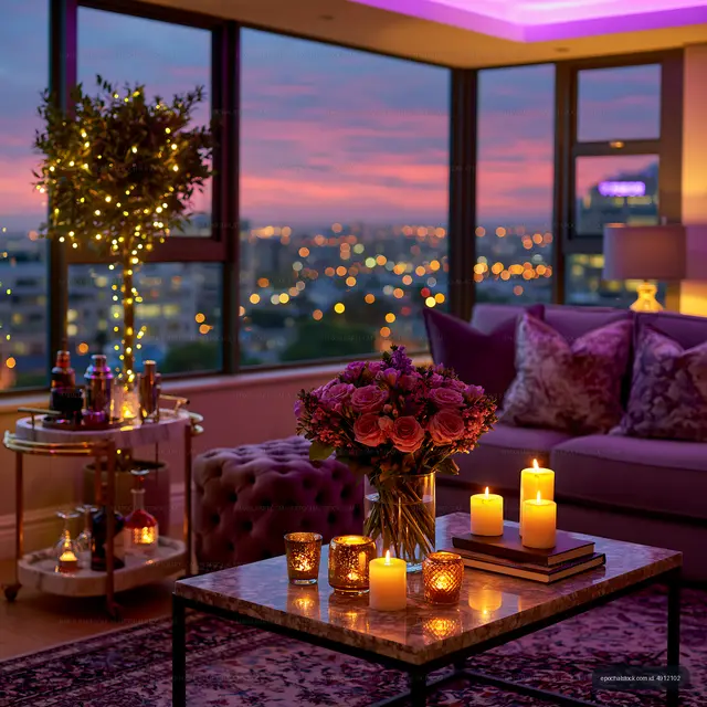 Candlelit living room with floral centerpiece and city lights