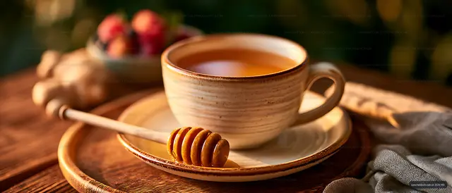 Ceramic tea cup and honey dipper on a rustic table