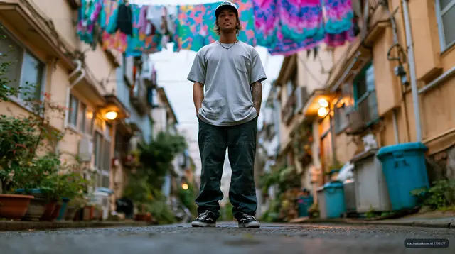 Streetwear portrait in a colorful residential alley
