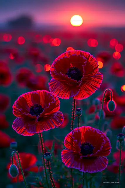 Red poppy flowers in a field at sunset