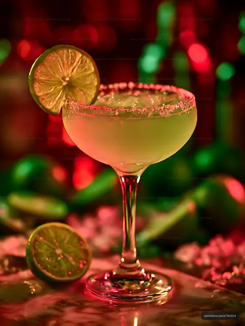 Lime cocktail with colorful bokeh background