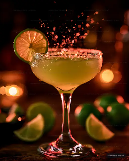 Yellow citrus cocktail with lime slices and glowing bokeh