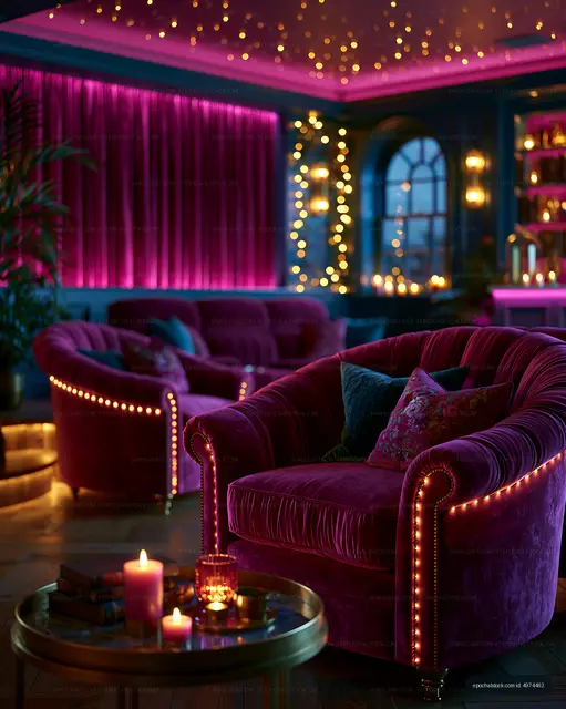Moody purple lounge with velvet seating and glowing candles