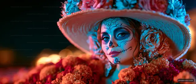 Woman in flower-covered hat with colorful face paint