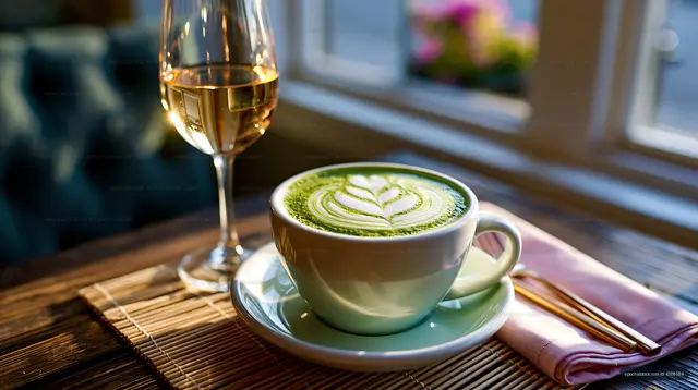 Elegant matcha latte and wine glass in window light