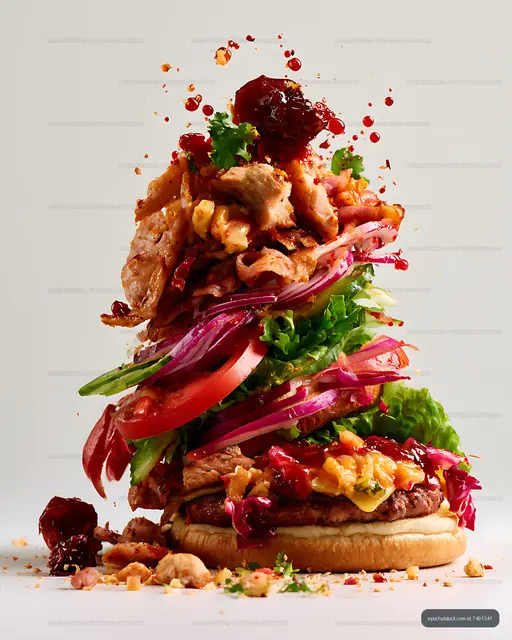 Dramatic loaded burger with vegetables and glossy sauce