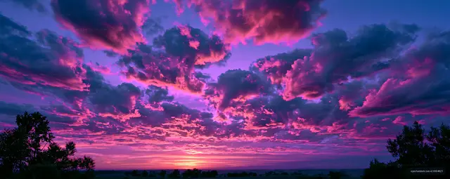 Panoramic purple and pink sunset over the countryside