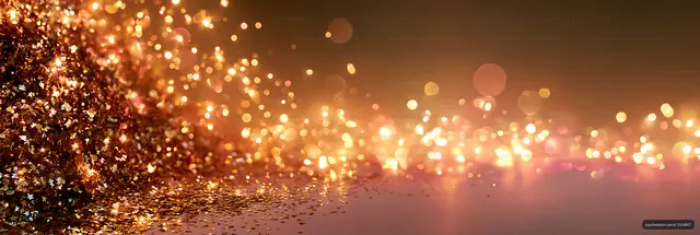 Golden glitter and glowing bokeh on reflective surface