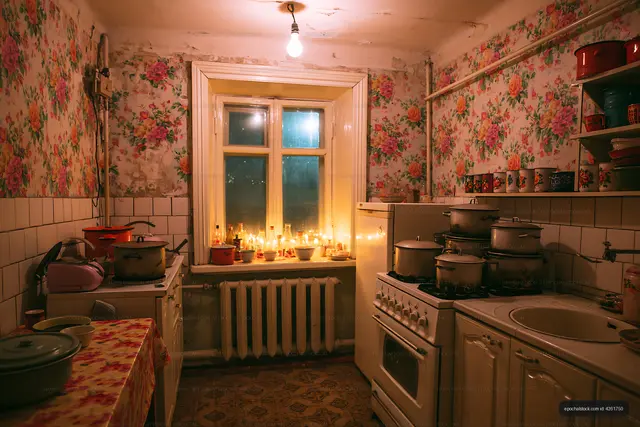 Floral wallpaper kitchen illuminated by candles at night