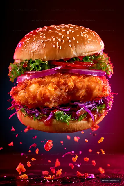 Loaded crispy chicken burger on a dramatic dark background
