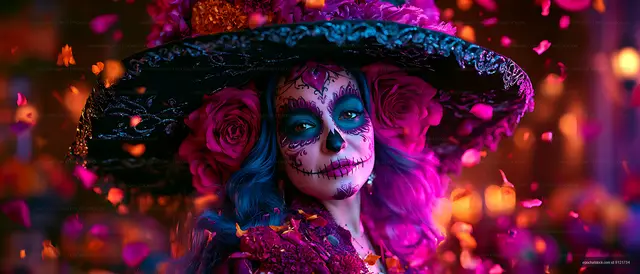 Dramatic sugar skull makeup portrait surrounded by flowers