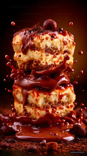 Dramatic close-up of a chocolate-covered layered dessert