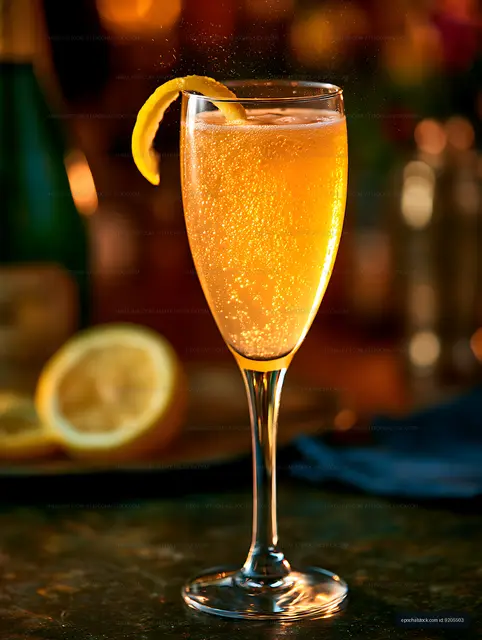 Bubbly citrus drink with lemon slice in glass