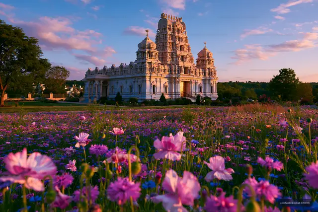Ornate temple and wildflowers under a colorful evening sky
