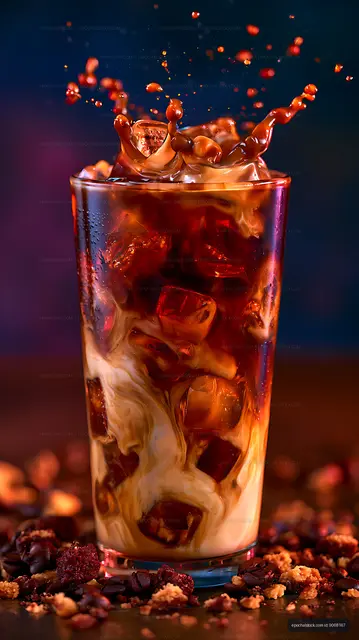 Dramatic iced cola splash with cream in a glass