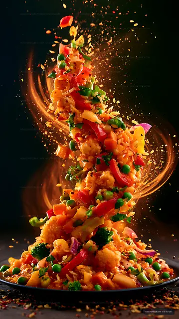 Vegetable rice dish with ingredients suspended in motion