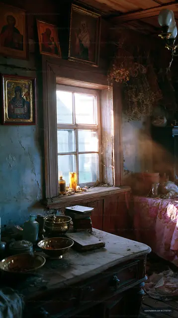 Sunlight streaming through window in a rustic room