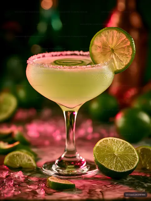 Close-up citrus cocktail surrounded by fresh lime slices