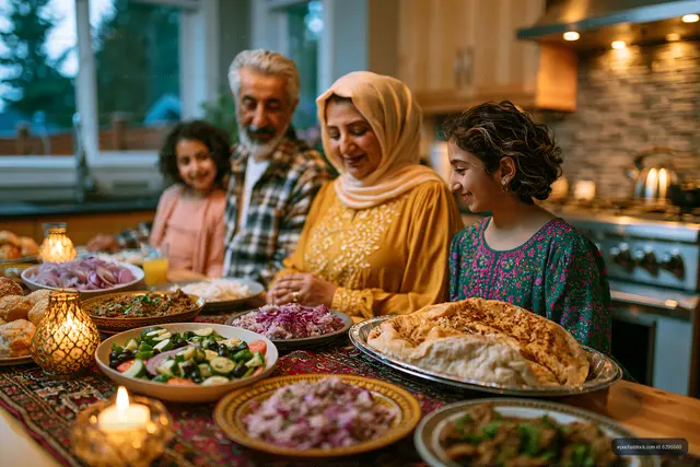Warm family gathering around a richly set dining table