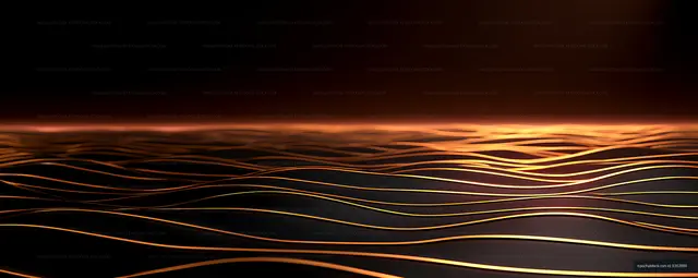 Abstract golden light trails flowing across a dark background